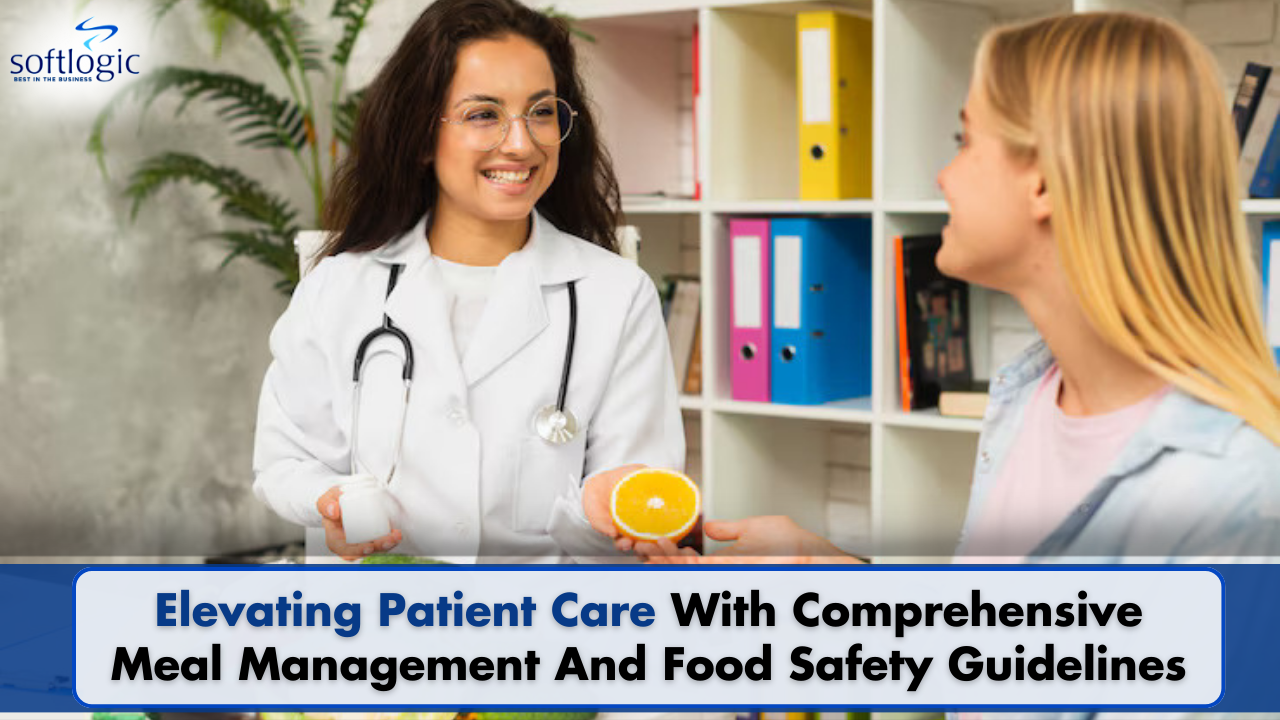 Smiling doctor holding fruits while discussing meal management and food safety with a patient