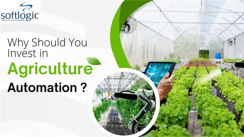 Smart agriculture automation with a person using a tablet in a greenhouse and a robotic arm tending plants, promoting investment in agriculture automation.